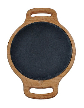 Блюдо для подачи круглое d=20 см. h=1,5 см. черное, сланец, на дерев. подставке с ручками /1/