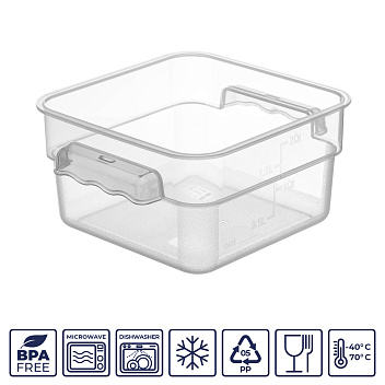 Контейнер для продуктов квадратный  1,9 л. 19*19*9,7 см. с мерной шкалой, прозрачный, п/п, без крышки (крышки 76706, 76707, 76708,76709) GP /1/12/
